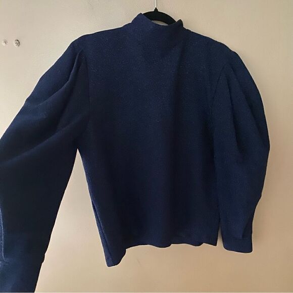 PatBo mock neck sweater sparkly lurex navy turtleneck knit top blouson sleeve M - Picture 8 of 10